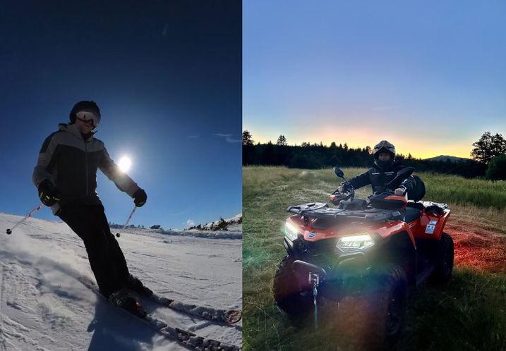 LEFT: Skiing in the mountains. / RIGHT: ATV trip in summer.