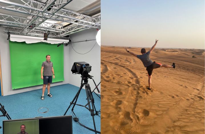 LEFT: Recording DQL videos in our studio. / RIGHT: Enjoying the red desert in the Emirates.