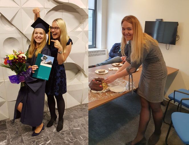LEFT: Bachelor Graduation Day with my sister (who unfortunately lives 500km away from me). / RIGHT: We find celebrating birthdays in the office very important.