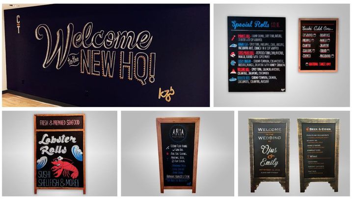 Chalkboard signs for fish market sushi, Italian trattorias, friend’s wedding, and Catalant headquarters